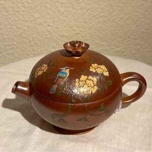 Charming Brown Teapot with Floral and Bird Motif, Authentic Yixing Zisha 柴烧
